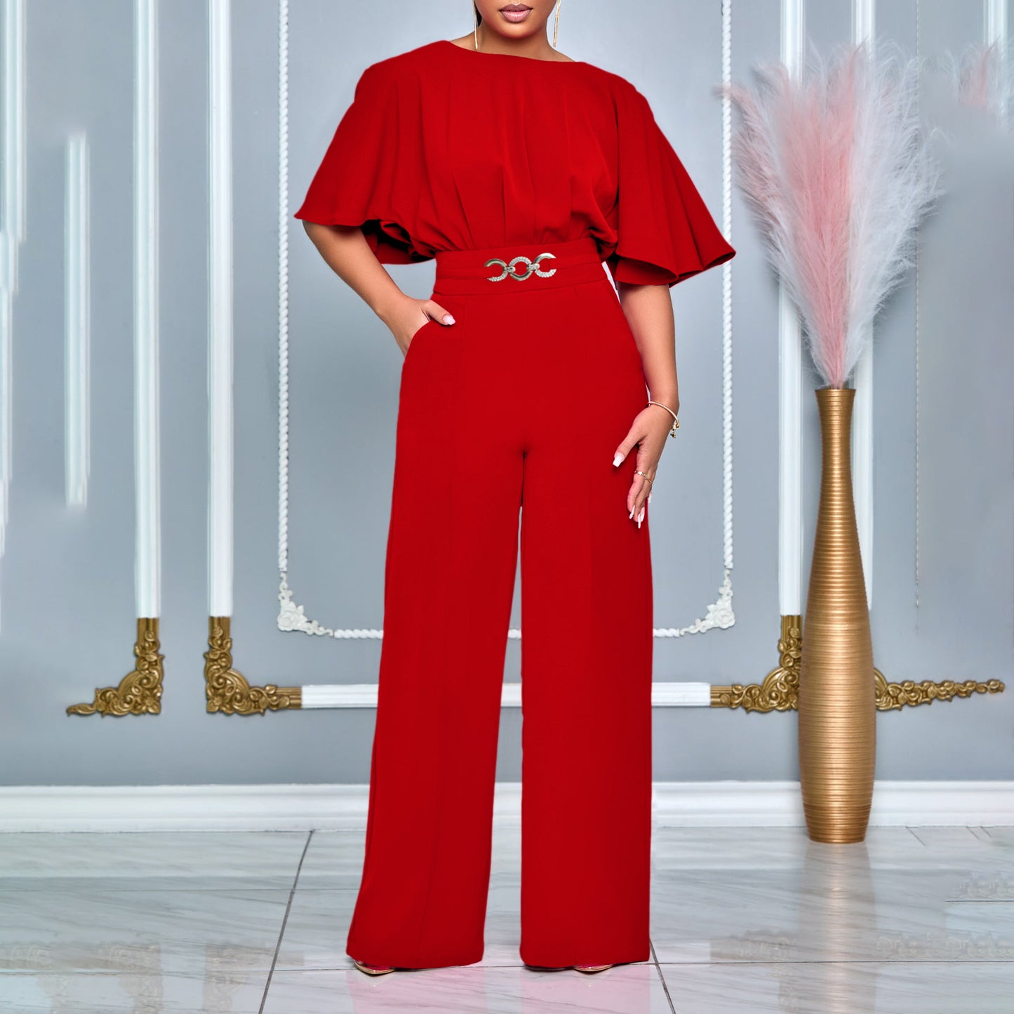 Women's Summer Fashion Round Neck Solid Color High Waist Jumpsuits