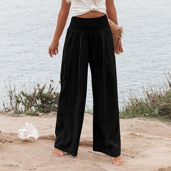 Women's Solid Color Elastic Waist Wide Leg Trousers Casual Pants