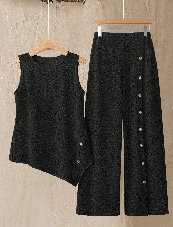 Women's Irregular Hem Trousers Button Half Sleeve Suits