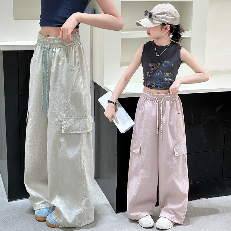 Thin Casual Western Style Overalls Breathable Drawstring Children's Pants