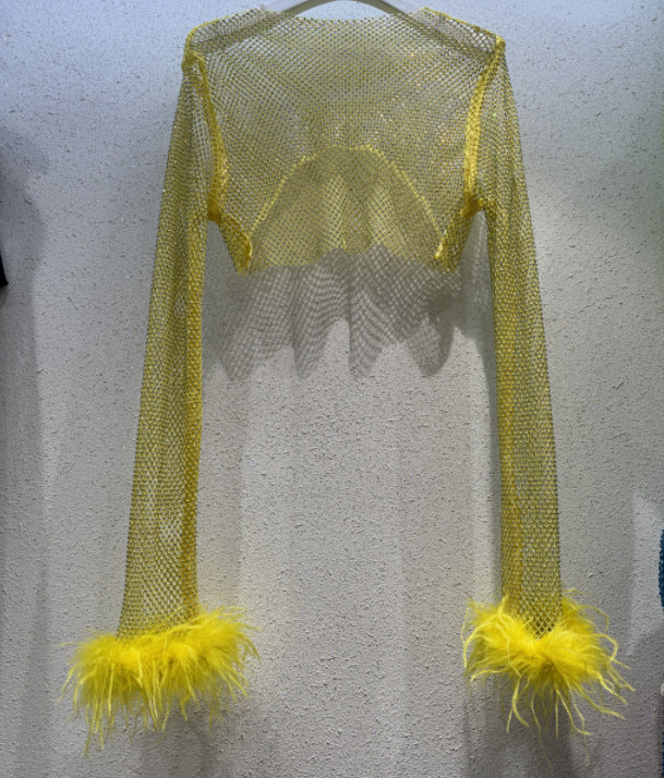 Fashion Rhinestone Long Sleeve Shiny Cuff Ostrich Tops
