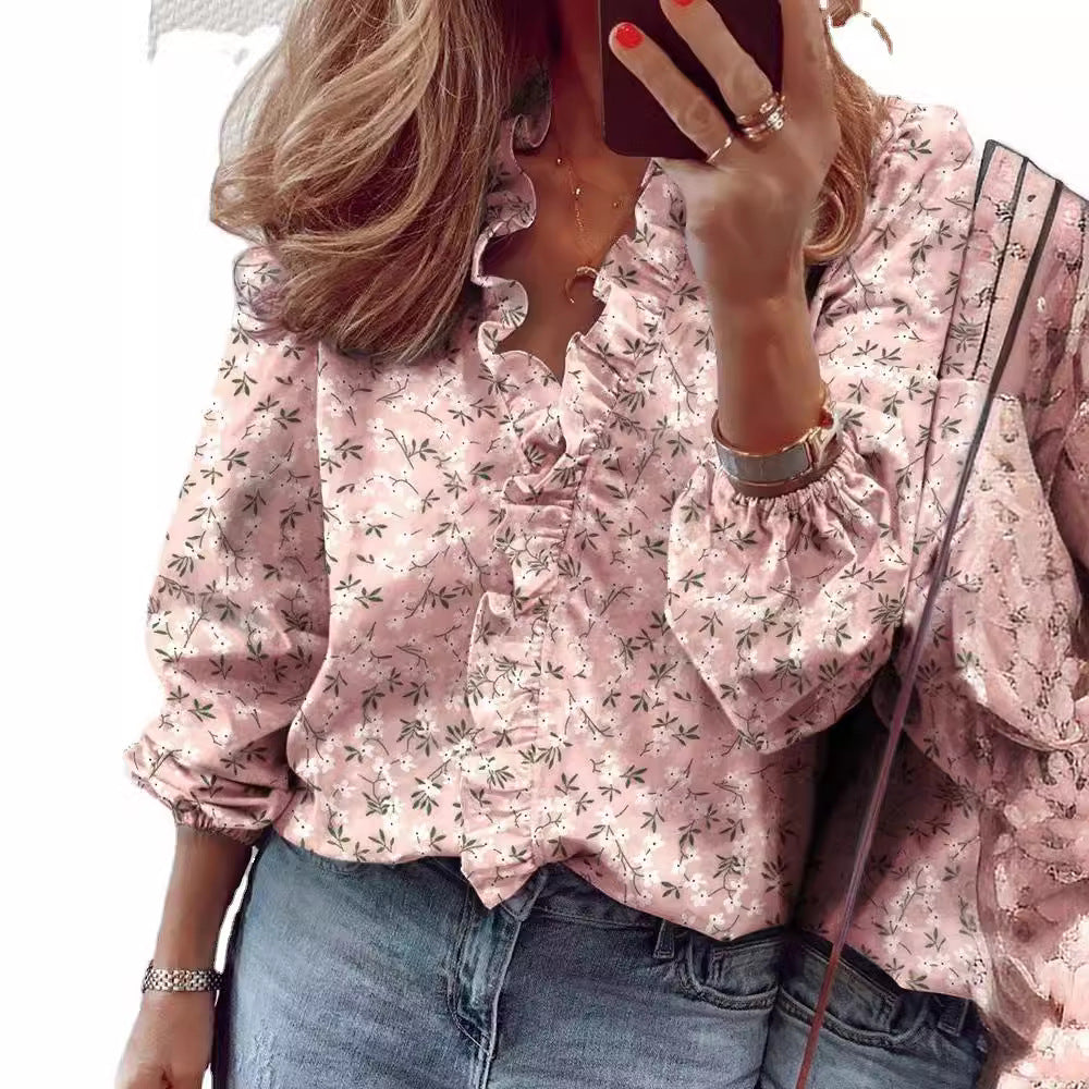 Trendy Casual Women's Long Sleeve Ruffle Blouse
