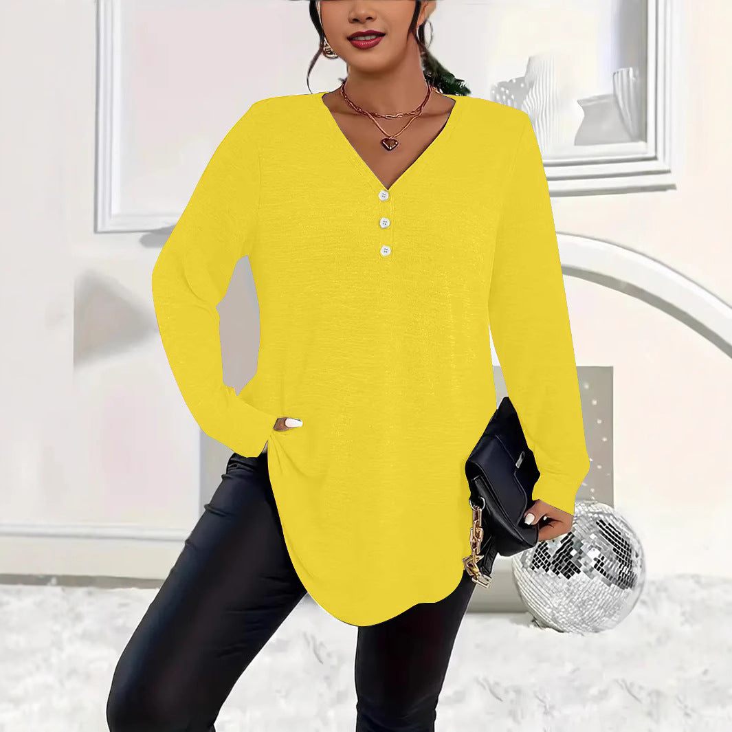 Women's Clothes Buttons Solid Color Long-sleeved Tops