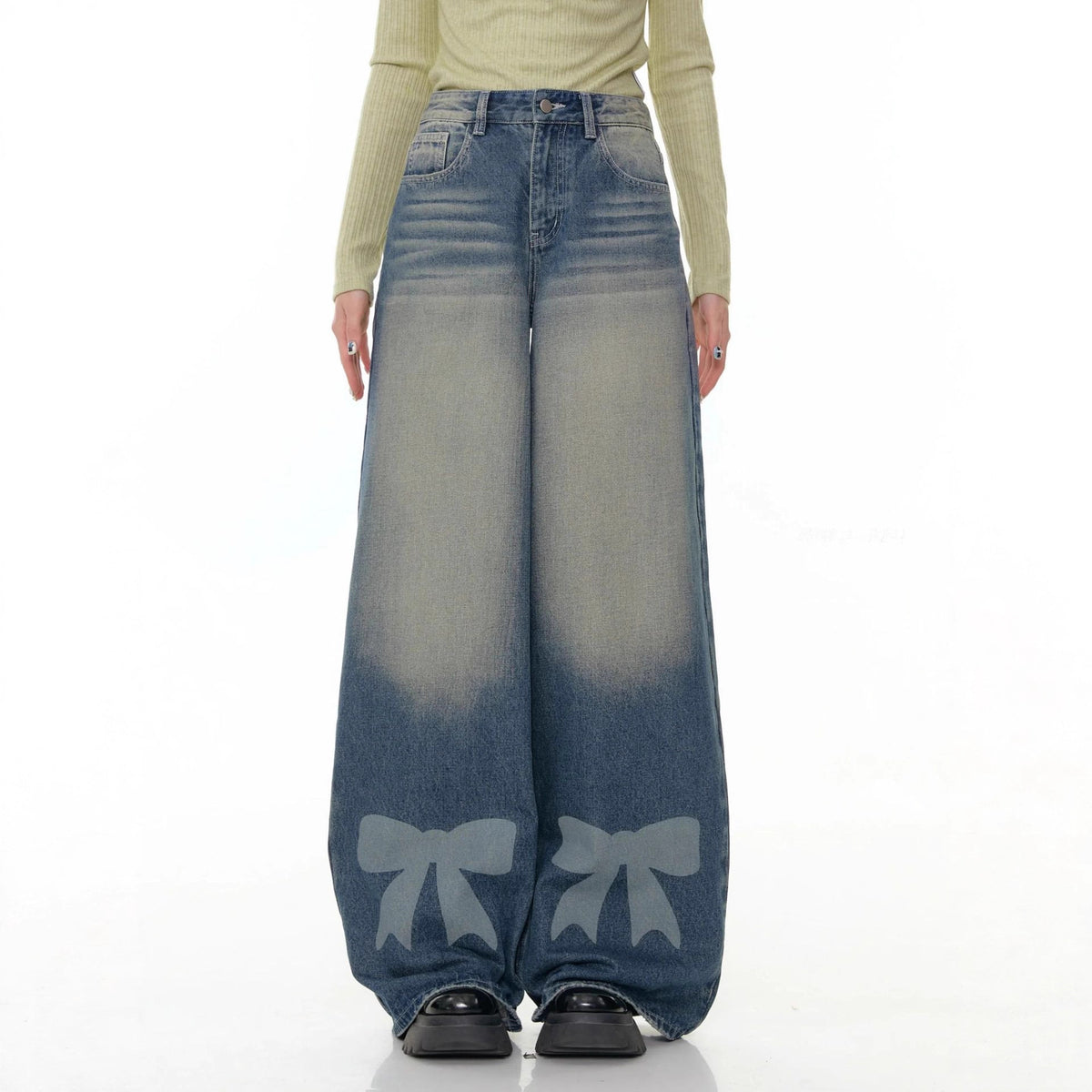 Women's Wide Leg Bow Print Washed Denim Trousers Women's Jeans