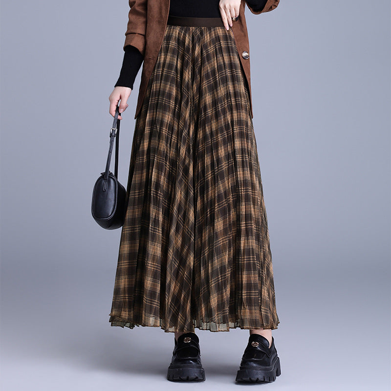 Korean Style Pleated Rhombus Encryption Yarn Elastic Waist High Skirts