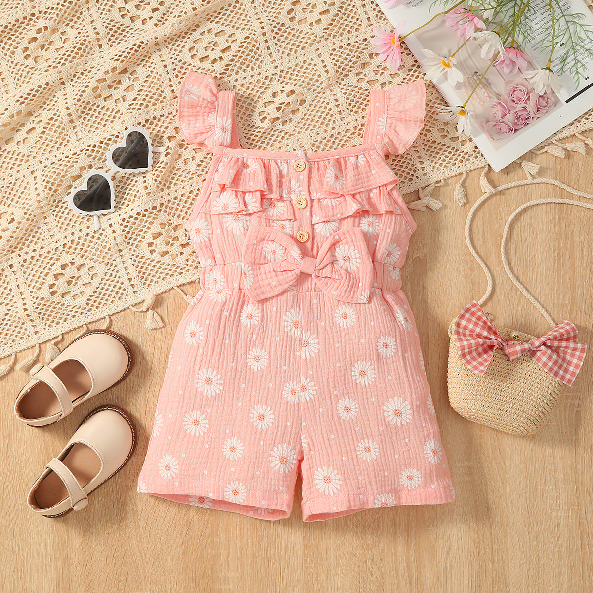Children's Summer Full Print Little Daisy Flounced Sleeve Single-breasted Jumpsuit Children's Pants