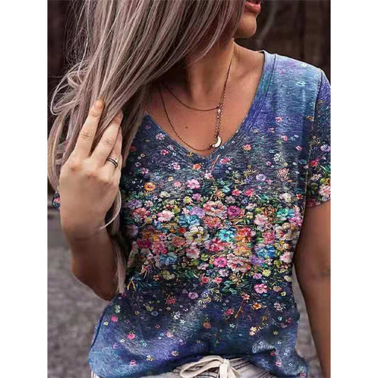 Women's Artistic Retro Style Printed Short-sleeved Loose Women's T-shirt