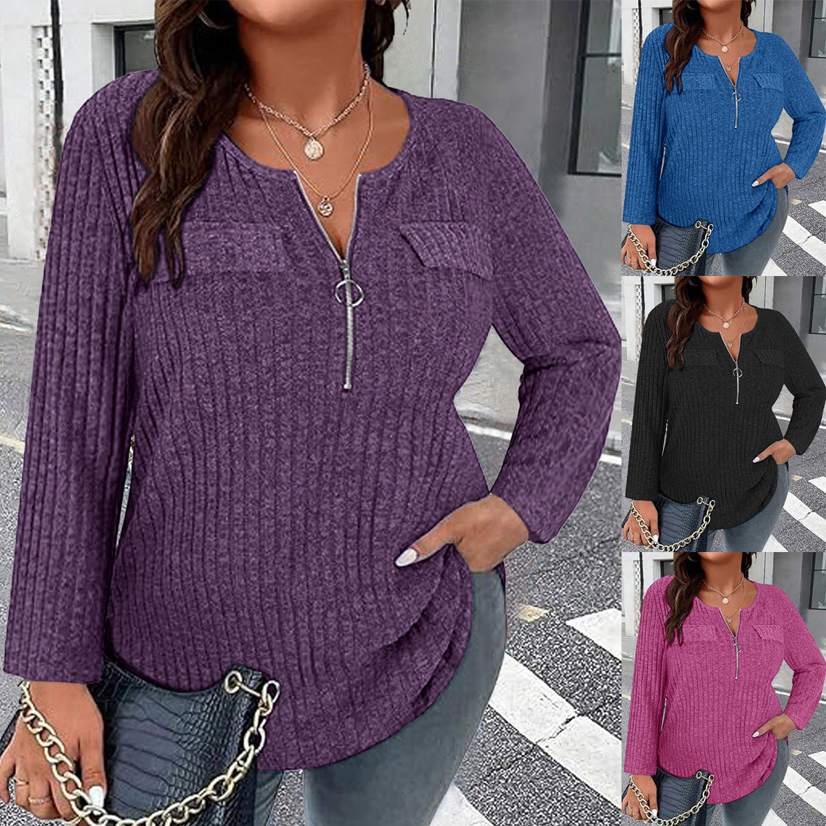 Cool Women's Casual Long Sleeve Zipper Large Size T-shirt