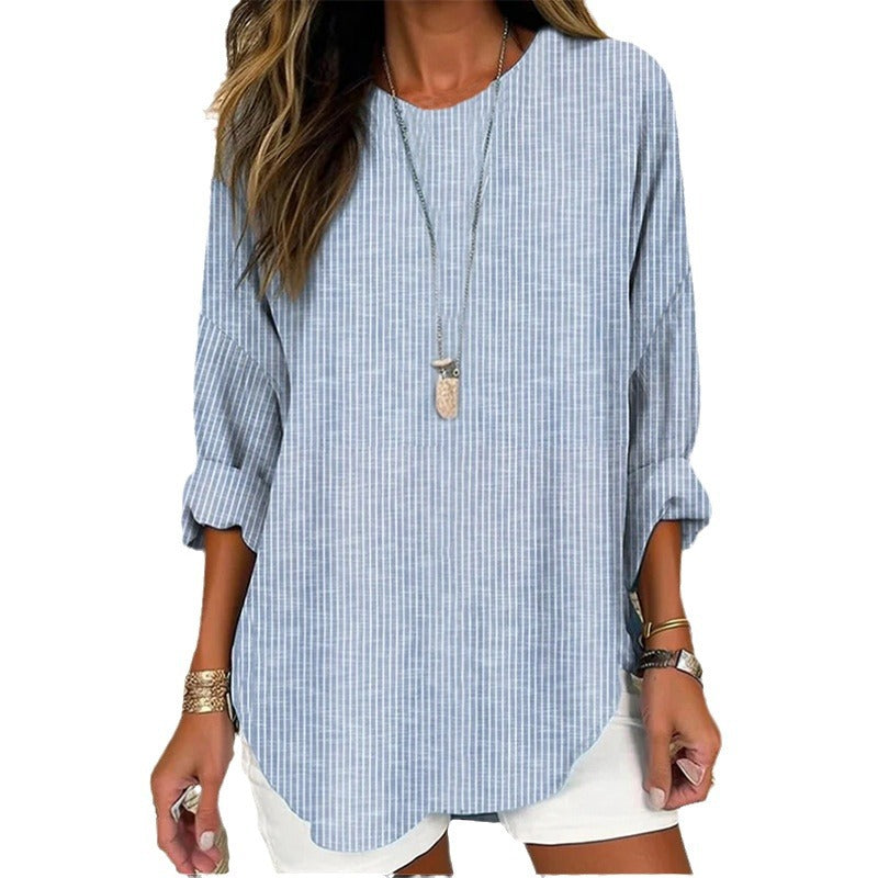 Women's Stripe Design Loose Long Sleeve Round Blouse