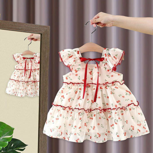Children's Western Style Cherry Princess Chiffon Sweet Short Sleeve Children's Dress
