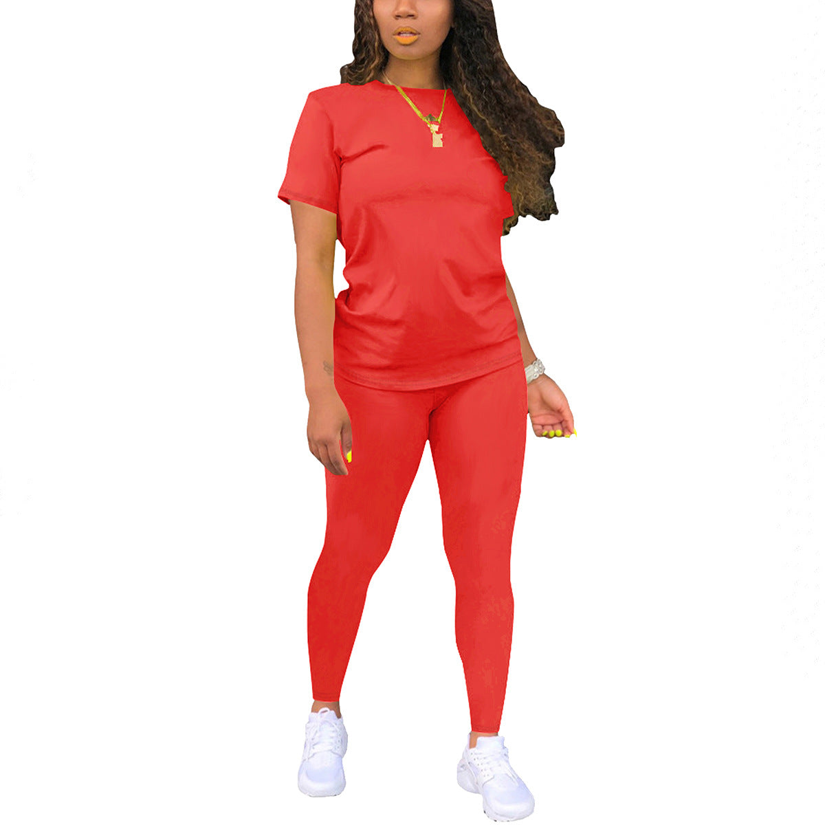 Women's Solid Color Gradient Printing Round Neck Sleeve T-shirt Fashion Casual Suit