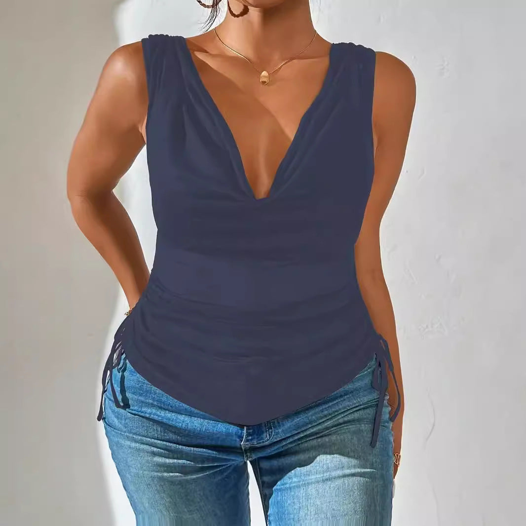 Fashionable Sexy Pile Collar Deep V Solid Color Drawstring Small Vest/suspenders/tube Top
