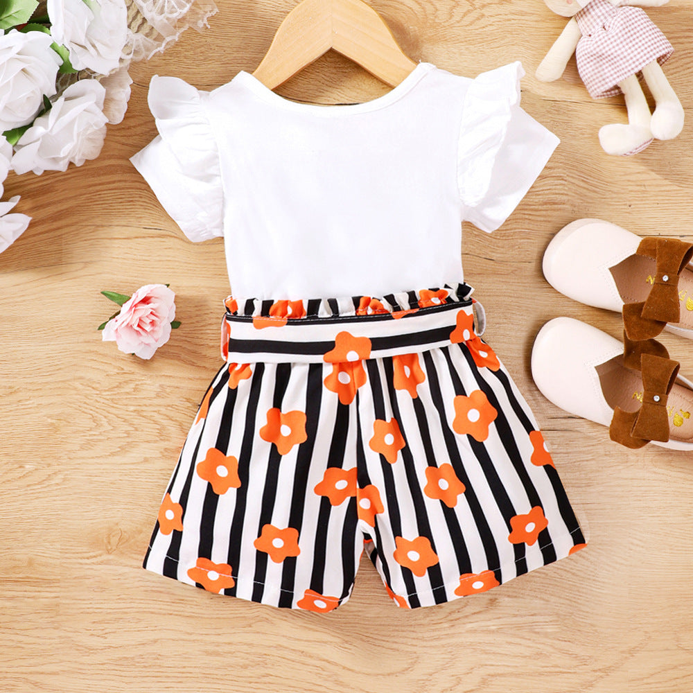 Children's Clothing Summer Cartoon Rabbit Print Striped Children's Suit