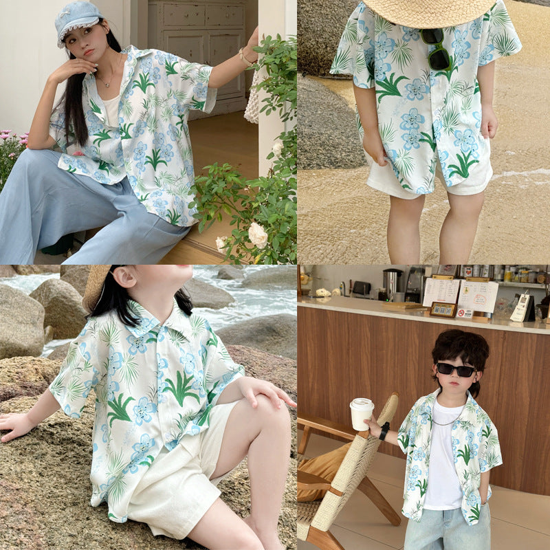Children's Sleeve Shirt Suit Summer Flower Print Loose Design Niche Medium Parent-child Outfit