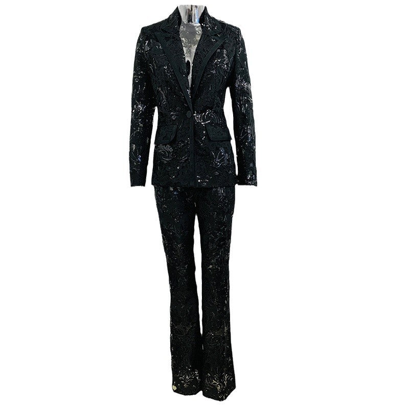Mesh Embroidered Sequined Trousers Two-piece Set Fashion Casual Suit