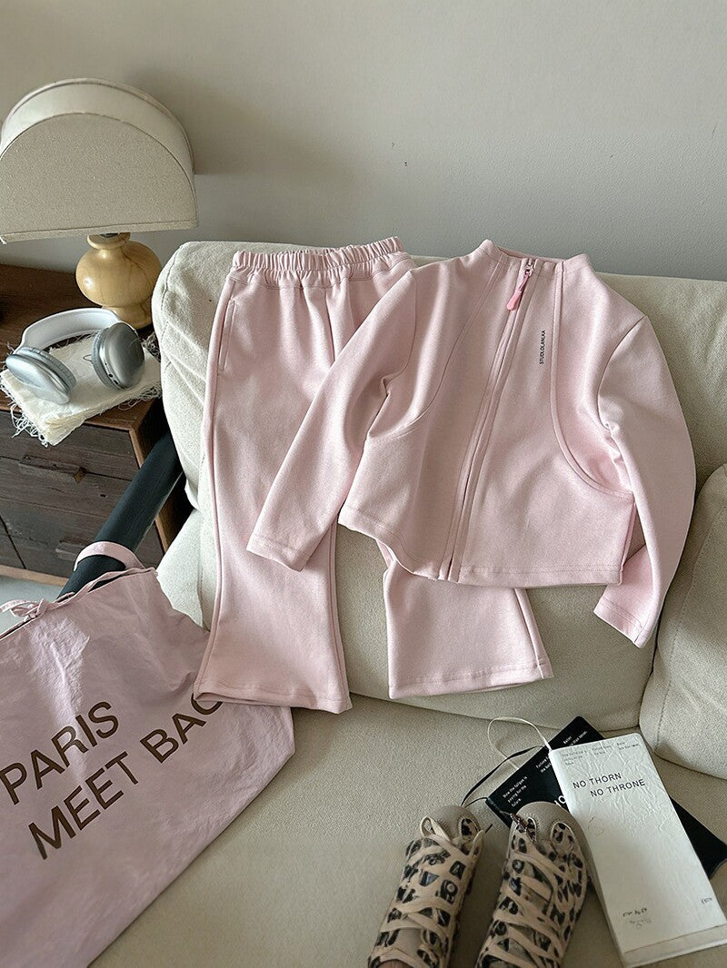 Children's Style Sweater Zipper Coat Bell-bottom Pants Stand Collar Two-piece Children's Suit