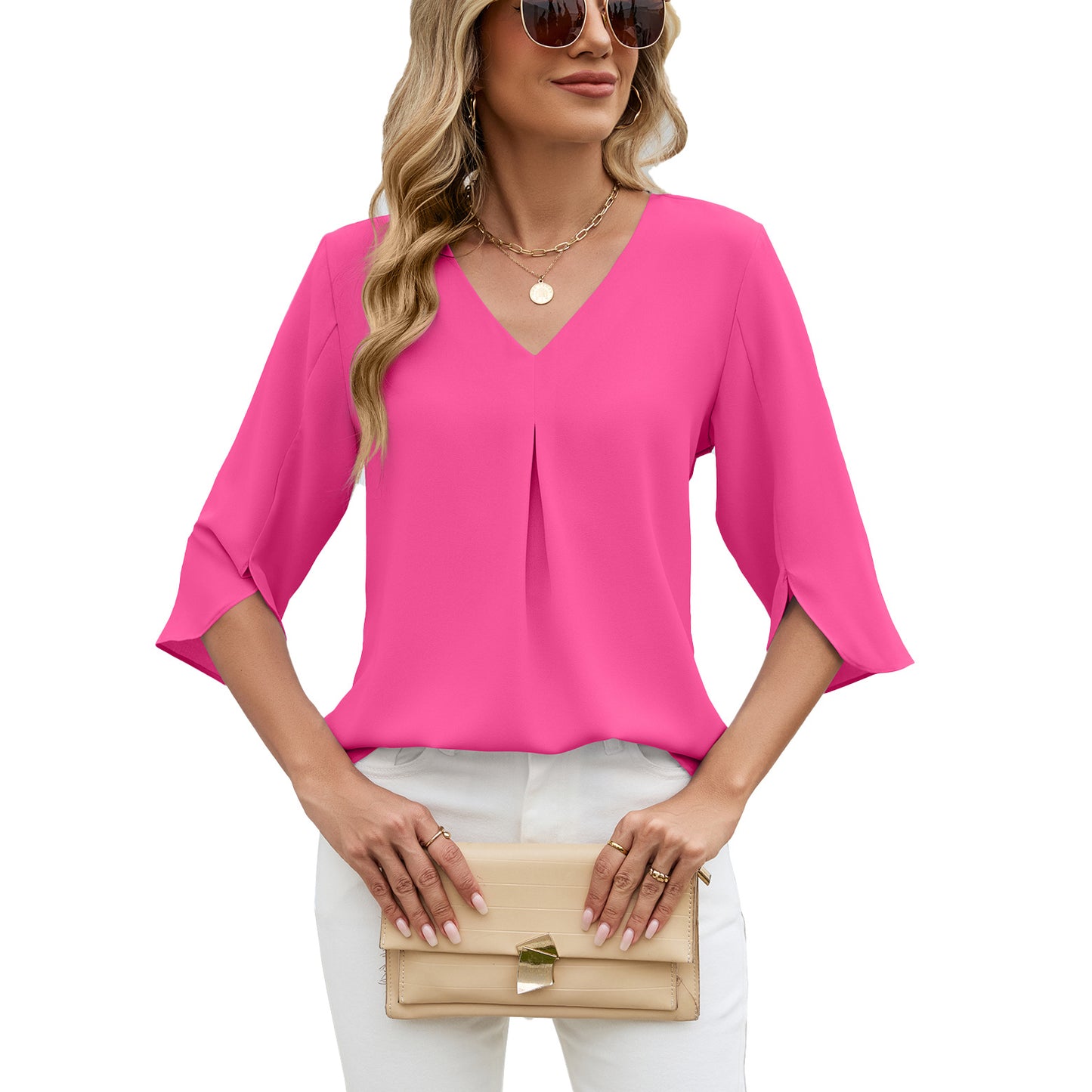 Women's Fashion Half Sleeve Pleated Loose-fitting Tops