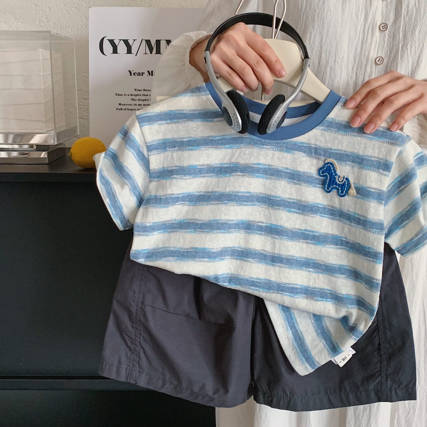 Men's & Children's Casual Striped Summer Boys Pony Embroidered Top Thin Children's T-shirt