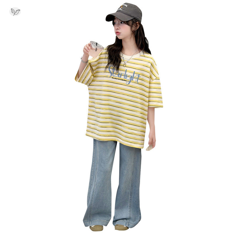 Children's Casual Summer Medium Large Striped Letters Short Sleeve Loose Half Children's Suit
