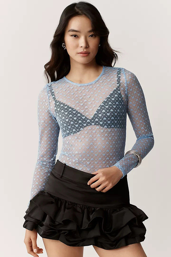 Women's Round Neck Long Sleeve T-shirt Sexy Lace Shirt, Chiffon Shirt