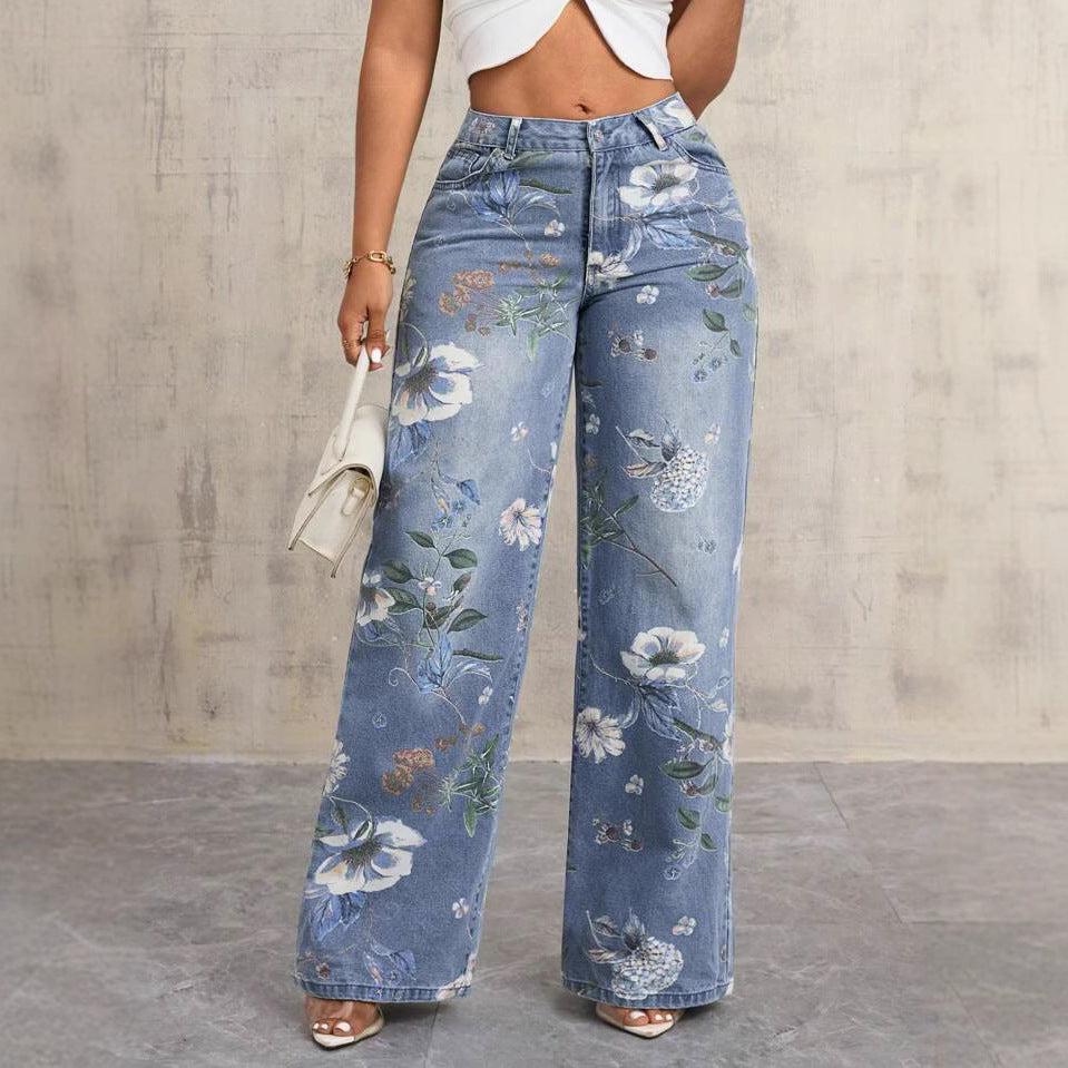 Women's Street Printed Autumn Fashion Style Loose Design Sense Mop Wide Women's Jeans
