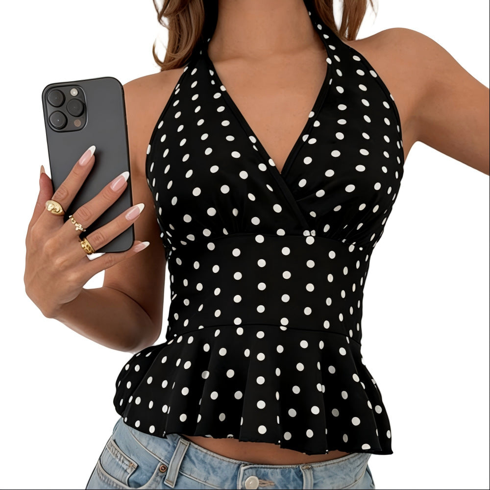 Retro Dots Printed Halter Backless Sexy Sling Elegant Tops