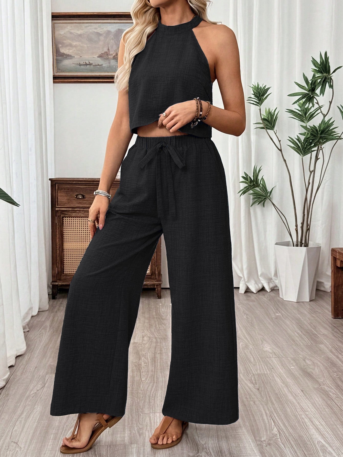 Women's Halter Sleeveless Wide Leg For Two-piece Fashion Casual Suit