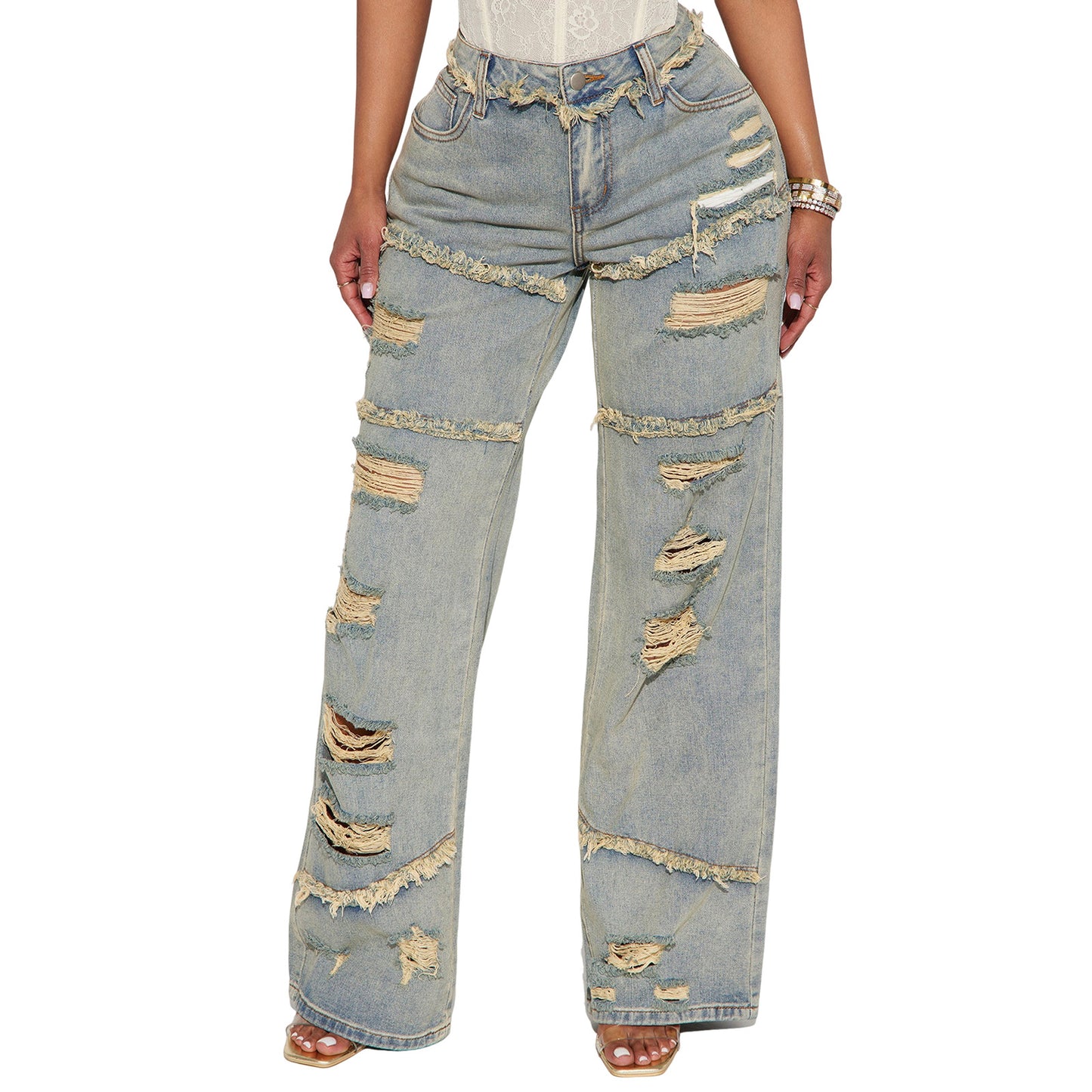 Women's Ripped Denim Trousers Loose Wide Leg Heavy High Street Ruffle Women's Jeans