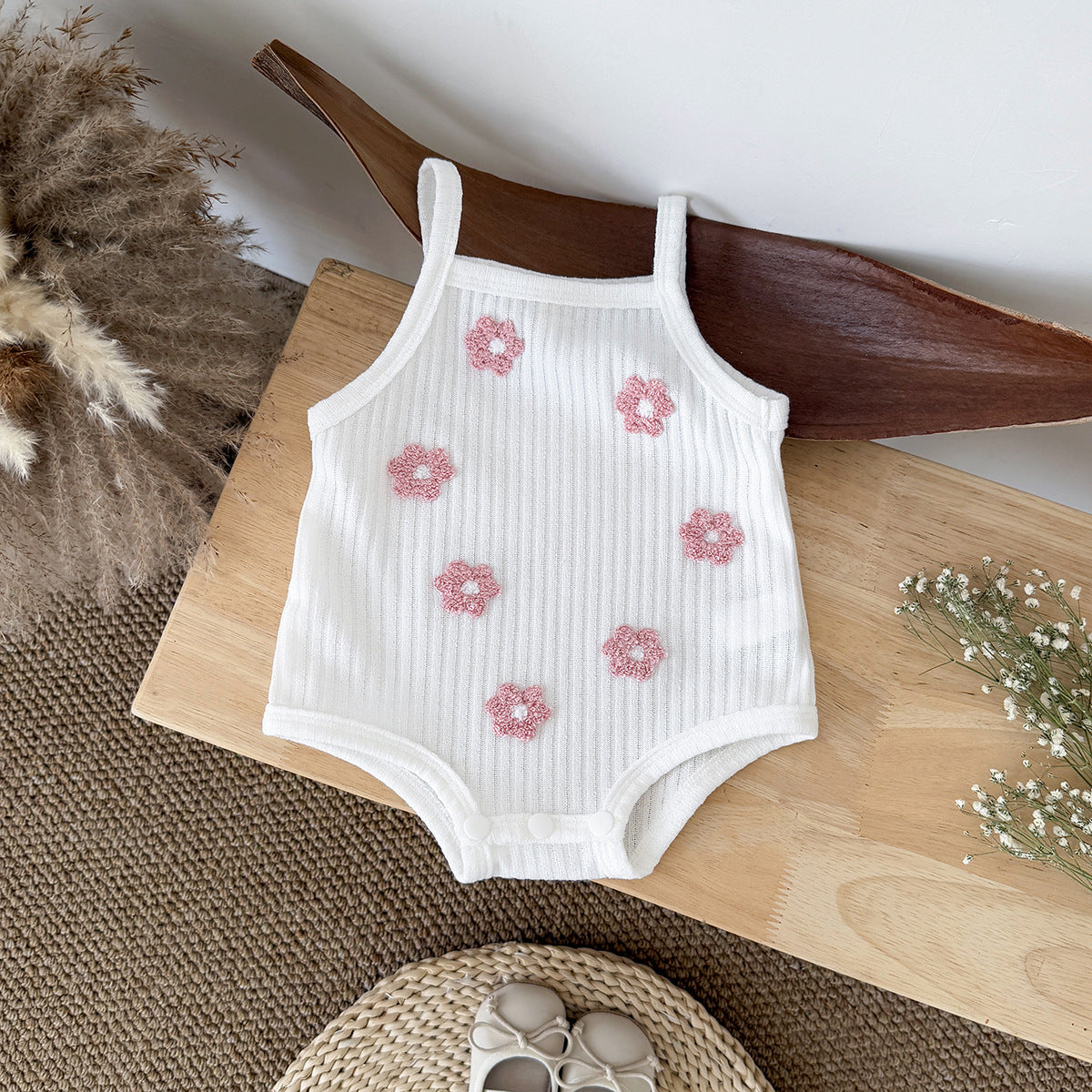 Floral Embroidered Romper Sling Breathable Summer Comfortable Square Collar Casual Jumpsuit, Climbing Suit