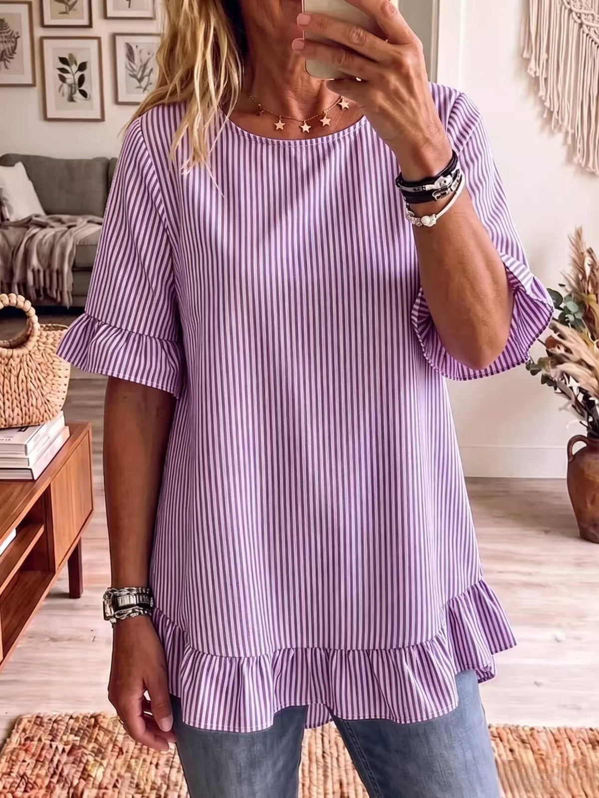 Women's Summer Sleeve Striped Loose Casual Ruffled Women's T-shirt
