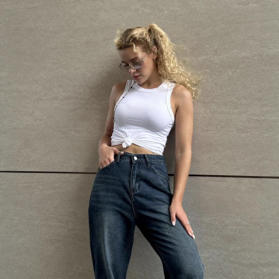 Women's Dark Blue Wide Leg High Waist Slimming Women's Jeans