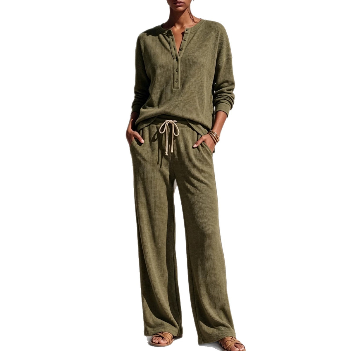 Go Out Waffle Solid Color Henley Shirt Fashion Casual Suit