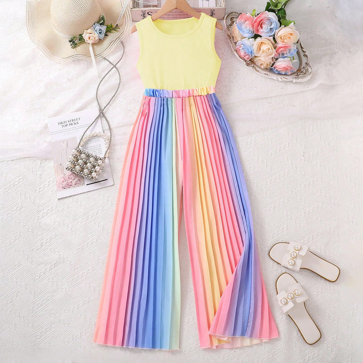 Summer Short Sleeveless Vest Color Gradient Pleated Trousers Teens Children's Suit