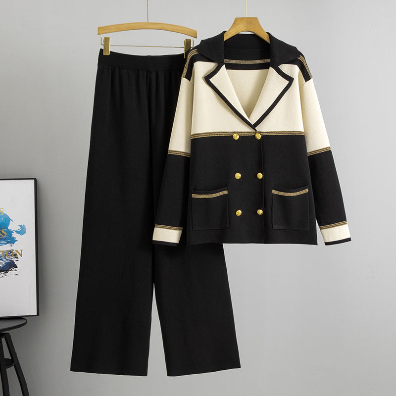 Women's Elegant Collar Double-breasted Knitted Wide Leg Two-piece Fashion Casual Suit