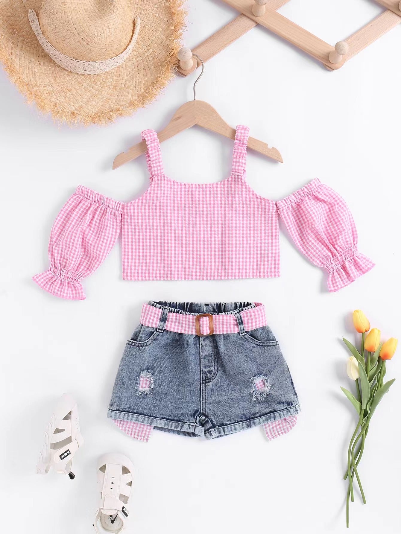Summer Strap Puff Sleeve Sweet Two-piece Children's Suit