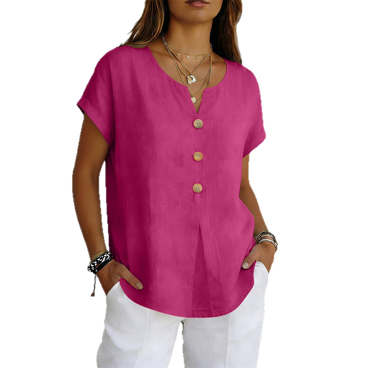 Women's Summer Solid Color Fashion Sleeve Button Cotton Linen Women's T-shirt