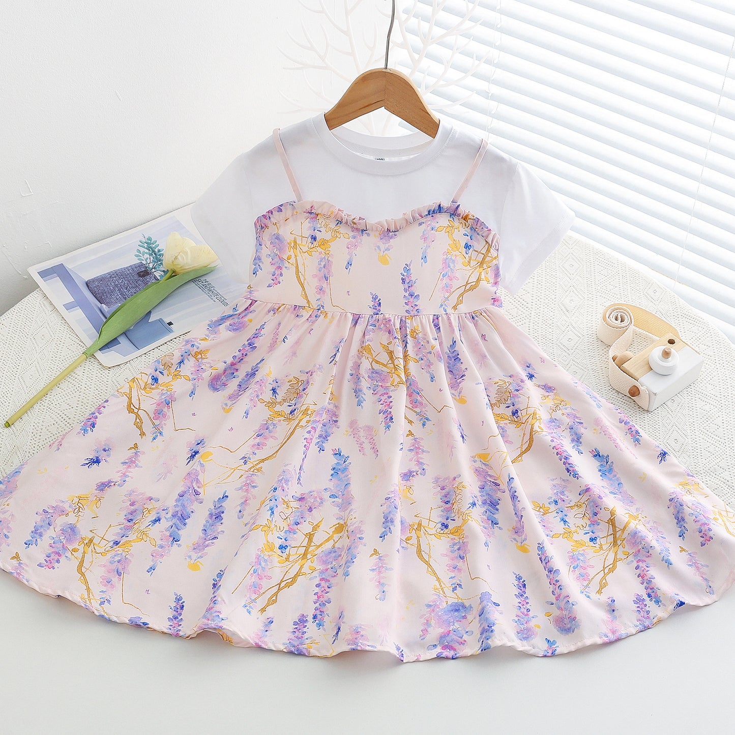 Children's Large Cotton Silk Short Sleeve Fake Two Pieces Artificial Summer Children's Dress