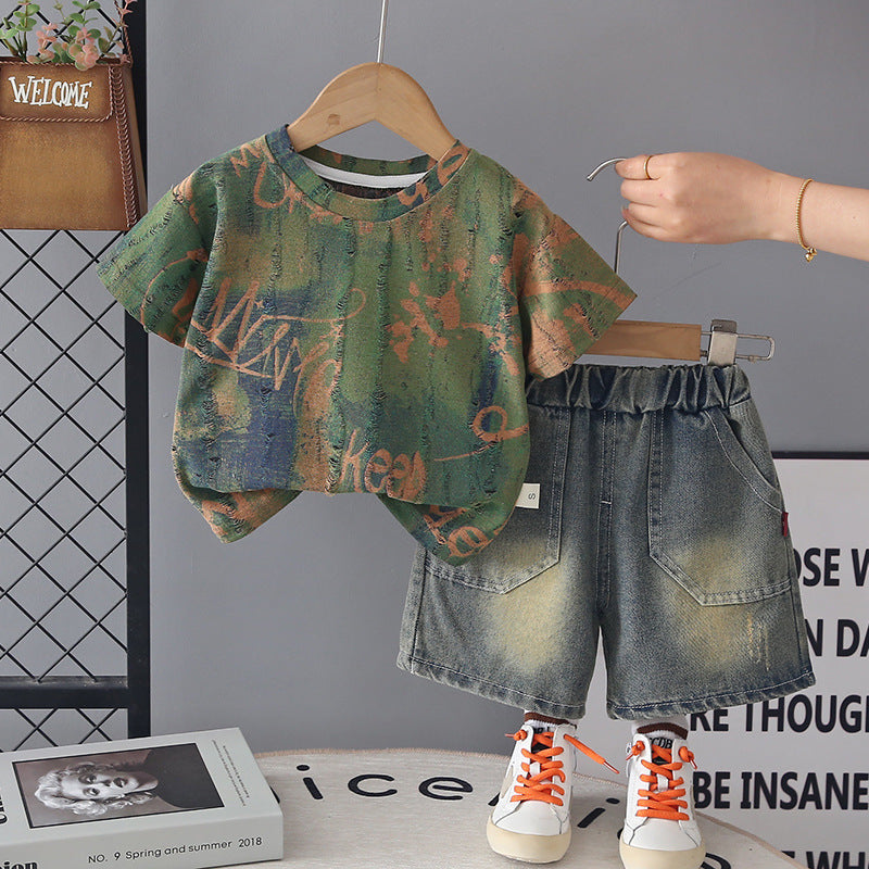 Children's Trendy Clothing Summer Blooming Letters Short-sleeved Handsome Children's Suit