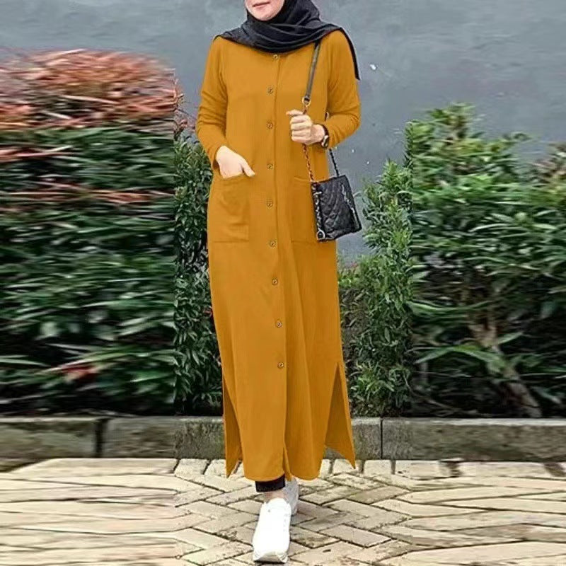 Long Sleeve Solid Color Shirt Dress Loose Side Blouse
