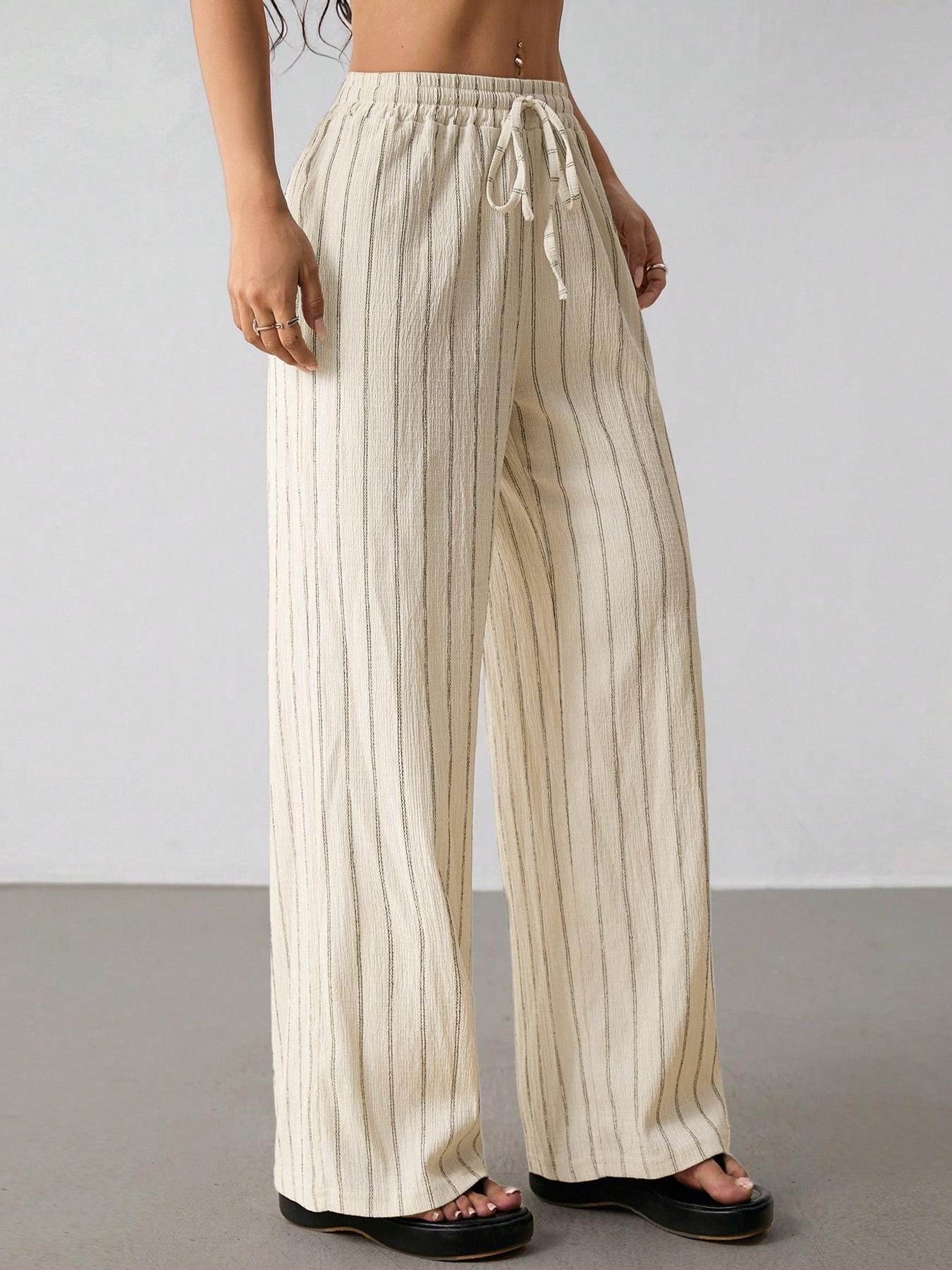 Women's Loose Striped Drawstring Elastic Waist Contrast Color Wide Leg Casual Pants