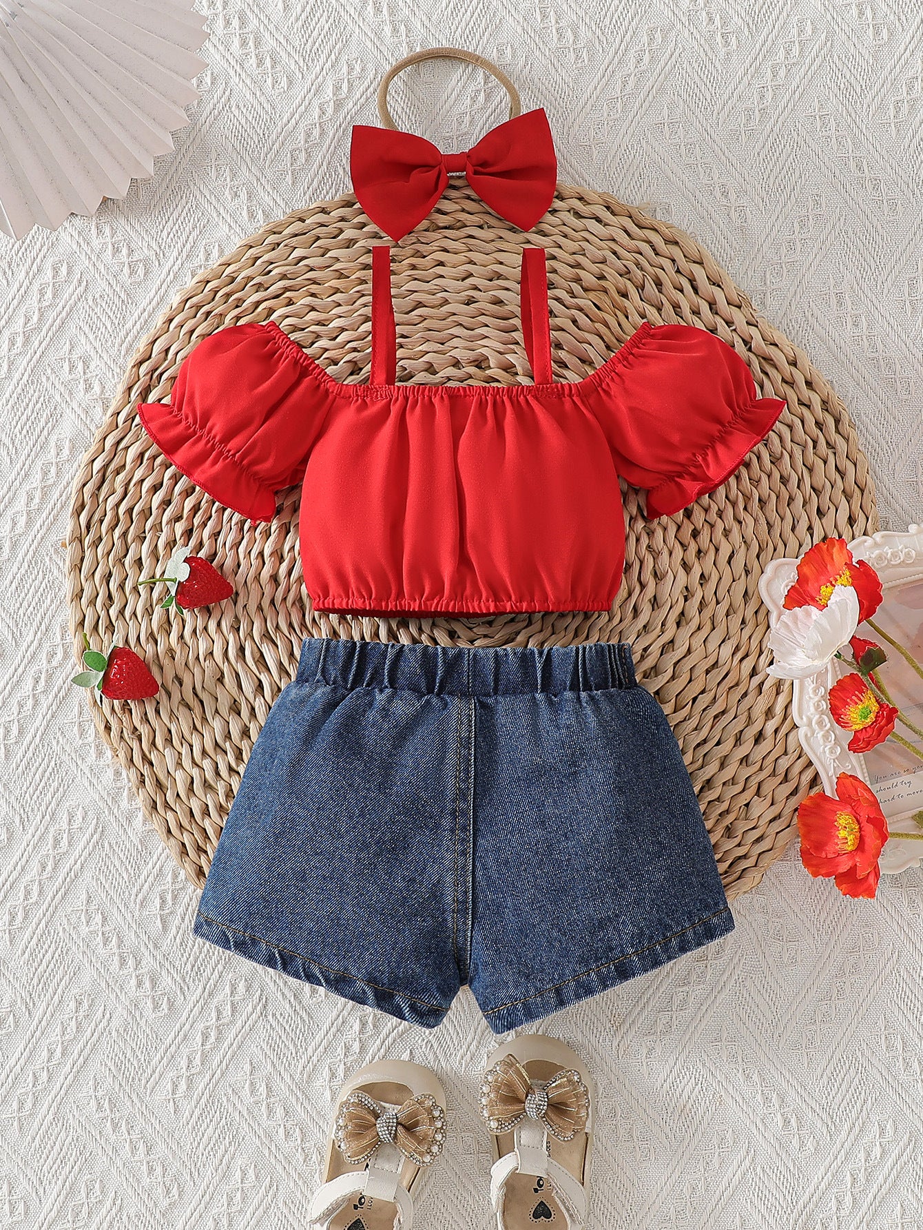 Leaf Sling Top Strawberry Embroidered Short Denim With Children's Suit