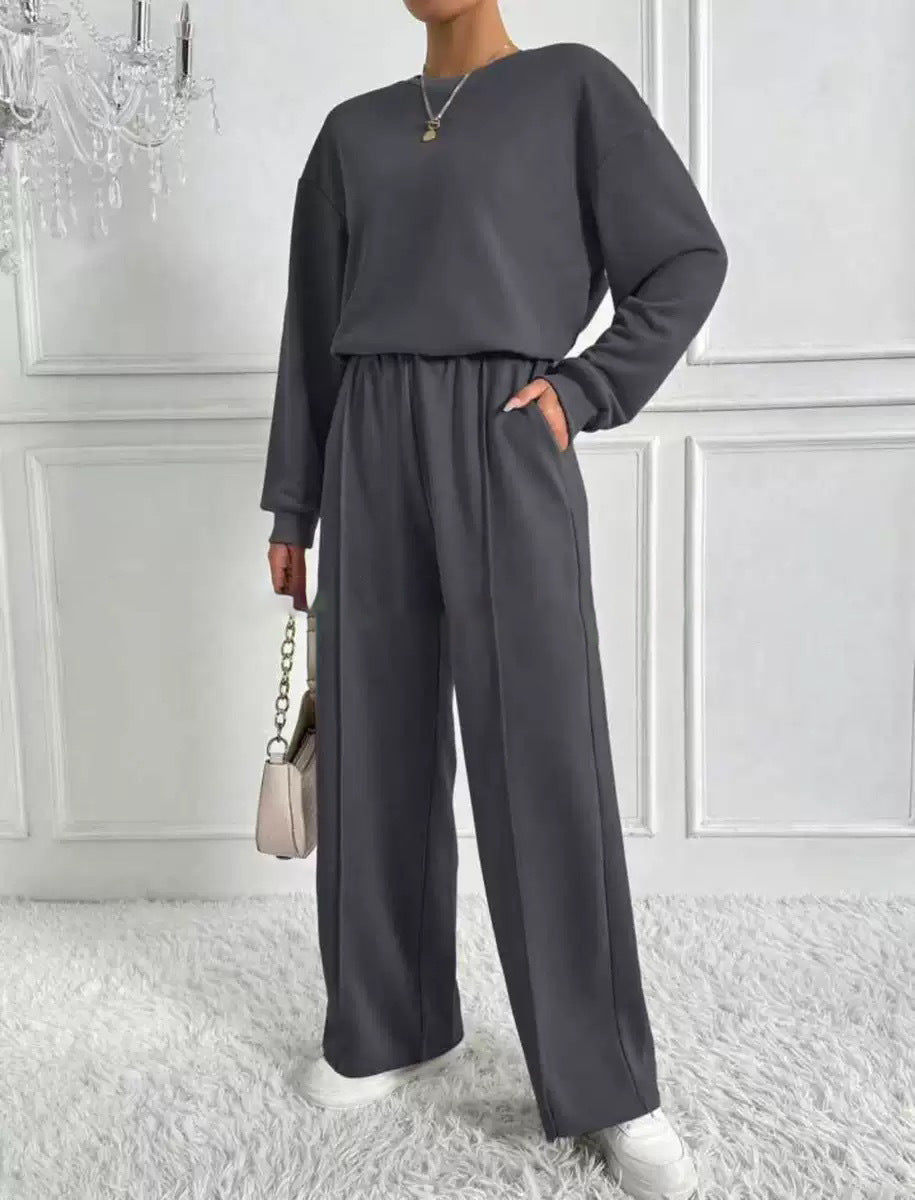 Women's Solid Color Round Neck Long-sleeved Trousers Fashion Casual Suit