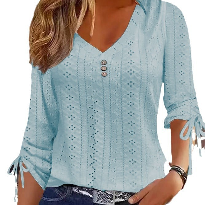 Innovative Solid Color Jacquard Button Long-sleeved Women's T-shirt