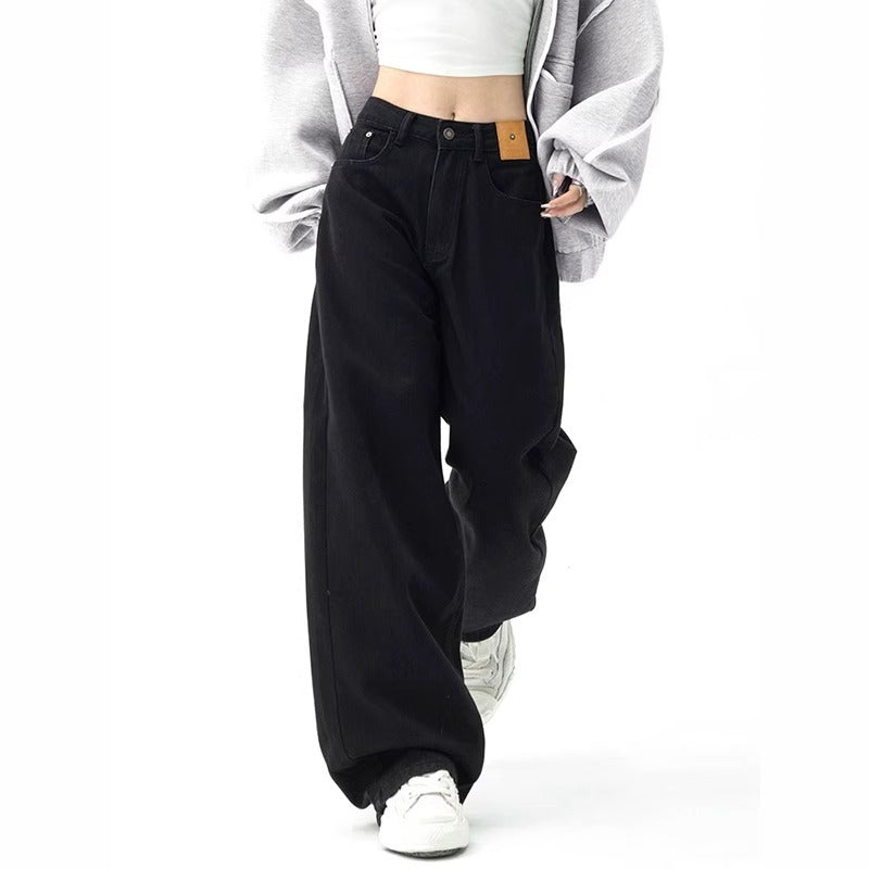American High Street Black Straight Draping Autumn Waist Loose Leisure Jeans