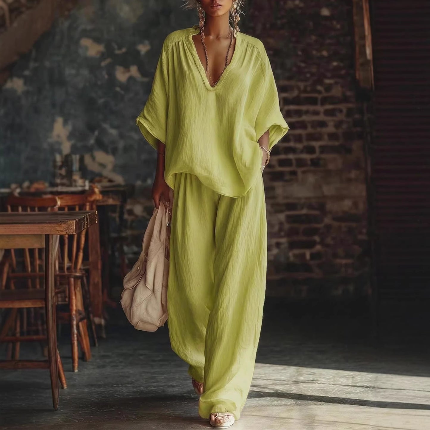 Women's Solid Color Loose Short-sleeved Trousers Two-piece Suits
