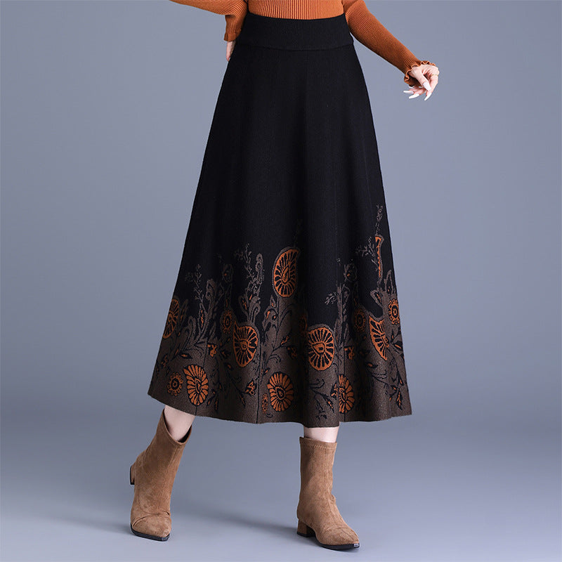 Women's Ethnic Fashion Wear Wool Thick Jacquard Midi Skirt