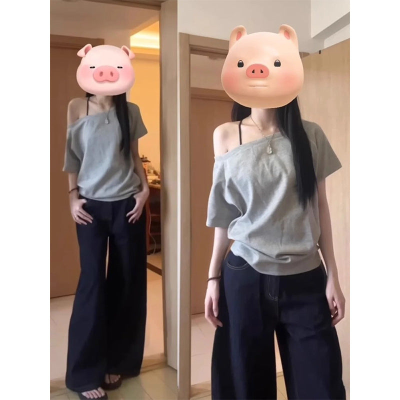 Women's Cotton Off Short-sleeved Summer Solid Color Loose Slimming Slim Fit Women's T-shirt