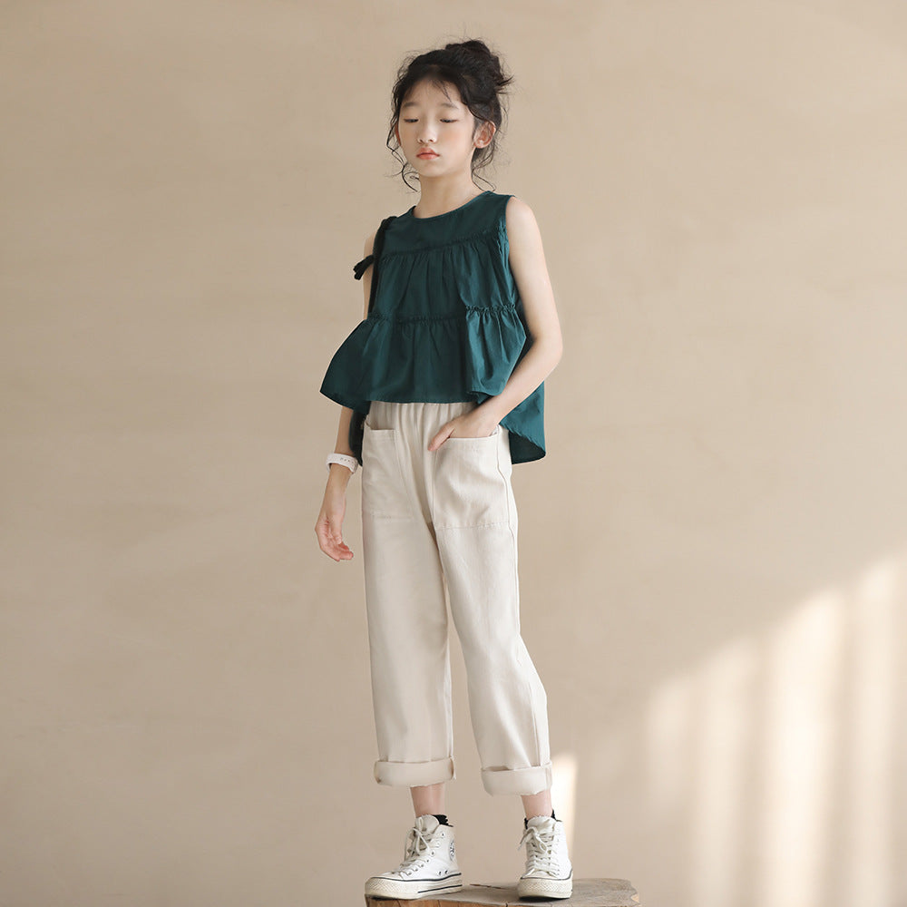 Cropped Summer Double Pocket Curling Daddy Medium Large Children's Pants
