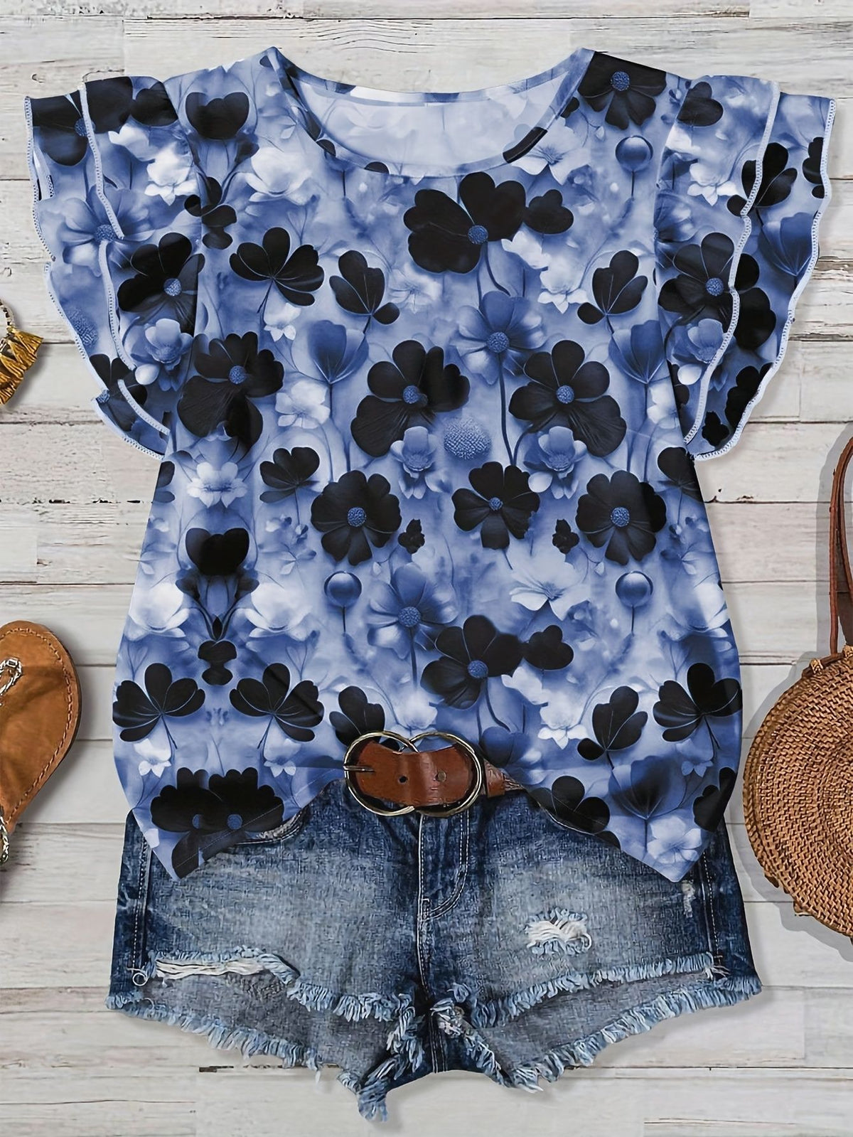 Summer Casual Fashion Floral Printed Round Large Size T-shirt