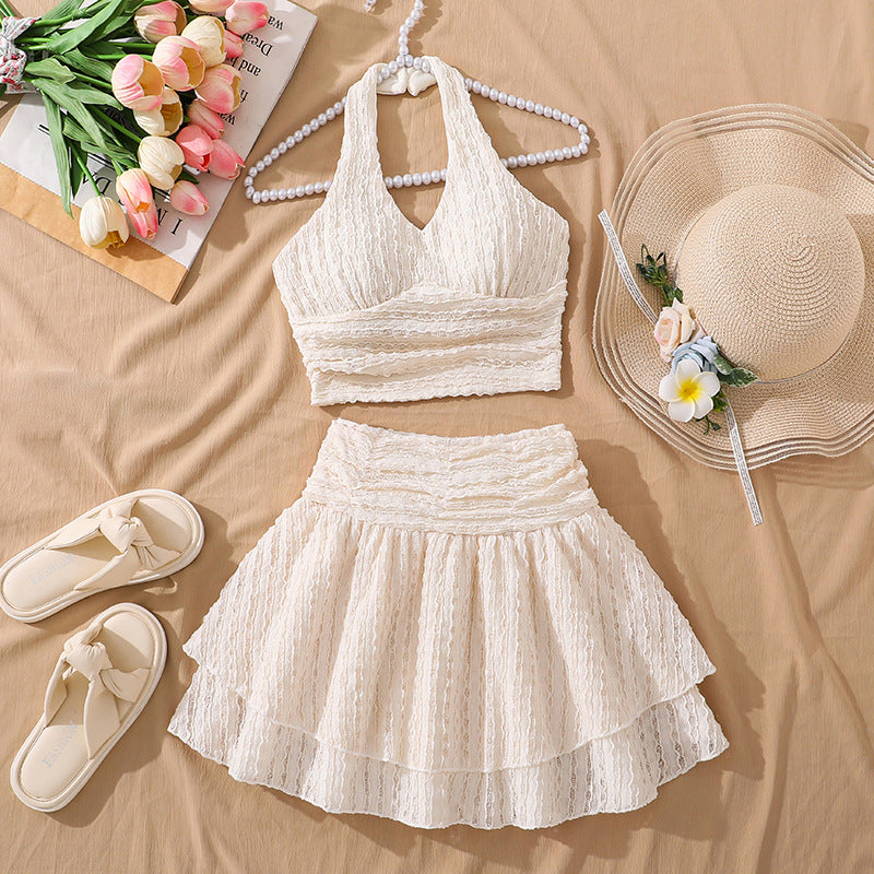 Pure Color Halter Backless Top Pleated Skirt Children's Suit